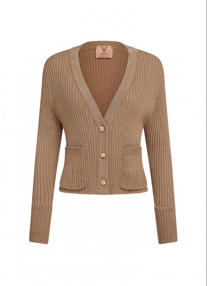 RIBBED KNIT LONG-SLEEVE CARDIGAN WITH DIAMENTÉ BUTTONS - GOLD